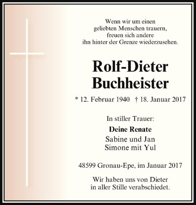  Traueranzeige für Rolf-Dieter Buchheister vom 23.01.2017 aus Westfälische Nachrichten