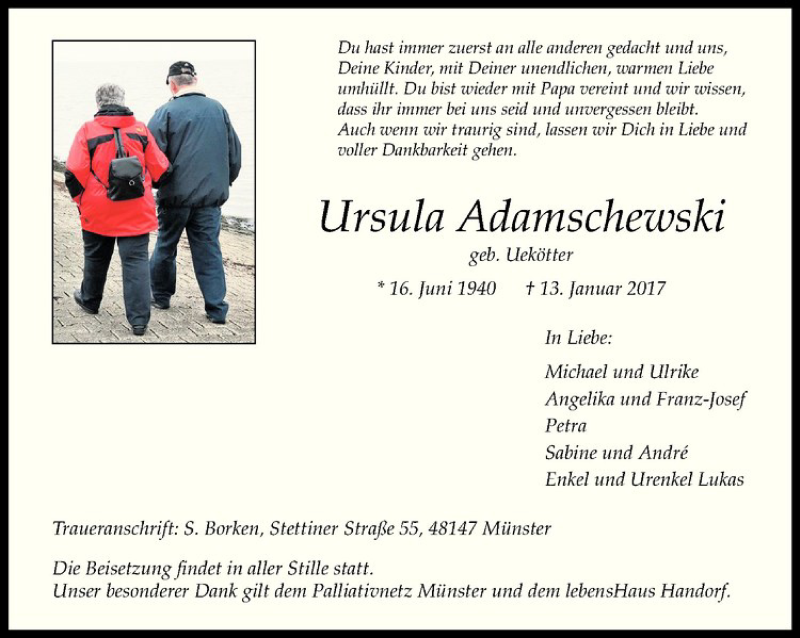  Traueranzeige für Ursula Adamschewski vom 21.01.2017 aus Westfälische Nachrichten