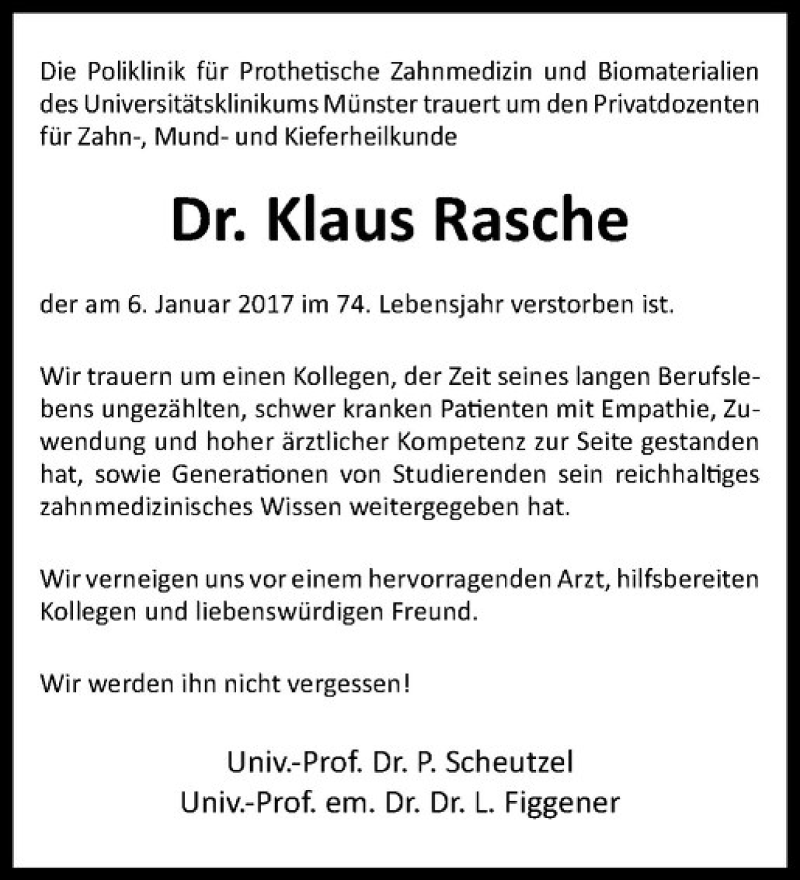  Traueranzeige für Klaus Rasche vom 14.01.2017 aus Westfälische Nachrichten