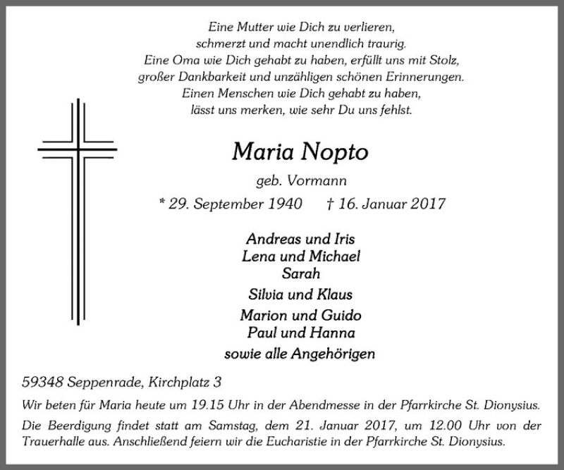  Traueranzeige für Maria Nopto vom 18.01.2017 aus Westfälische Nachrichten
