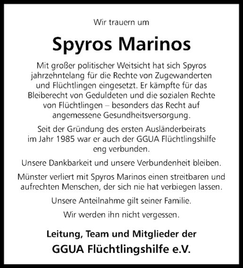  Traueranzeige für Spyros Marinos vom 21.01.2017 aus Westfälische Nachrichten
