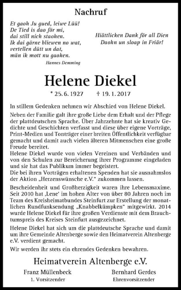  Traueranzeige für Helene Diekel vom 28.01.2017 aus Westfälische Nachrichten