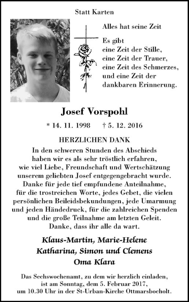  Traueranzeige für Josef Vorspohl vom 28.01.2017 aus Westfälische Nachrichten