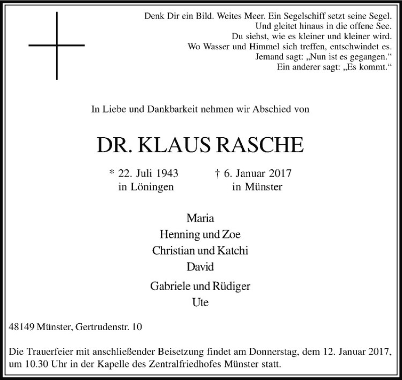  Traueranzeige für Klaus Rasche vom 11.01.2017 aus Westfälische Nachrichten
