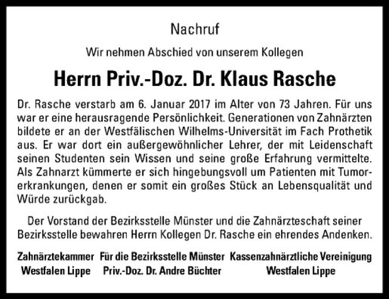 Traueranzeige für Klaus Rasche vom 14.01.2017 aus Westfälische Nachrichten