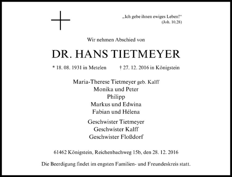  Traueranzeige für Hans Tietmeyer vom 02.01.2017 aus Westfälische Nachrichten