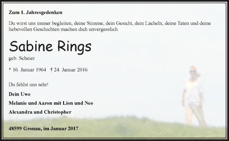  Traueranzeige für Sabine Rings vom 28.01.2017 aus Westfälische Nachrichten