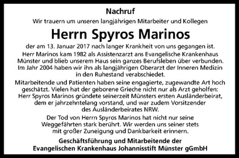  Traueranzeige für Spyros Marinos vom 18.01.2017 aus Westfälische Nachrichten