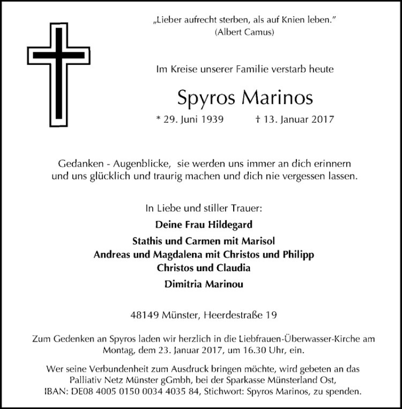  Traueranzeige für Spyros Marinos vom 19.01.2017 aus Westfälische Nachrichten