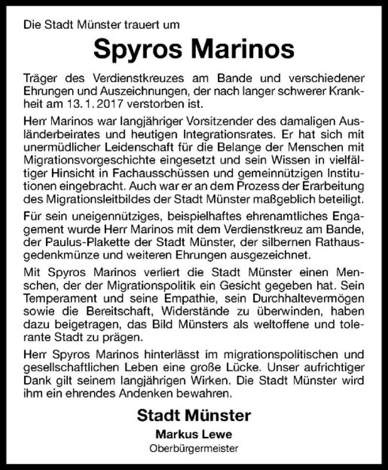  Traueranzeige für Spyros Marinos vom 21.01.2017 aus Westfälische Nachrichten