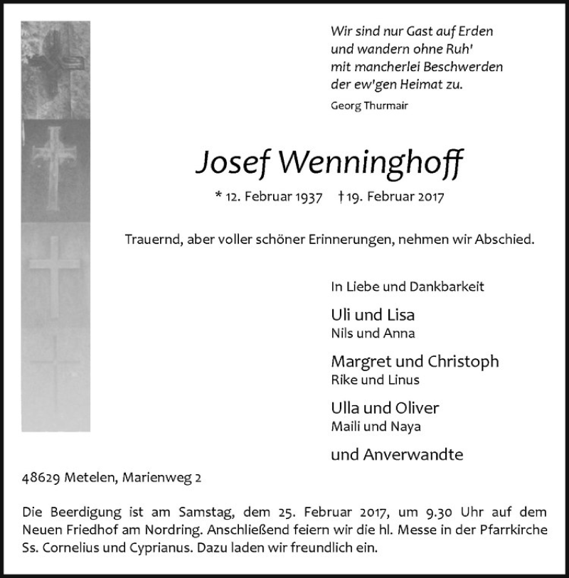  Traueranzeige für Josef Wenninghoff vom 22.02.2017 aus Westfälische Nachrichten