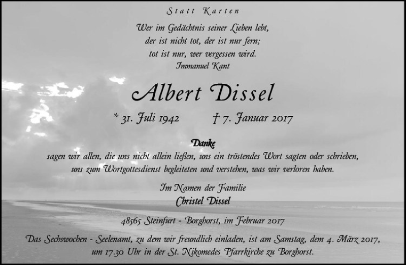  Traueranzeige für Albert Dissel vom 25.02.2017 aus Westfälische Nachrichten