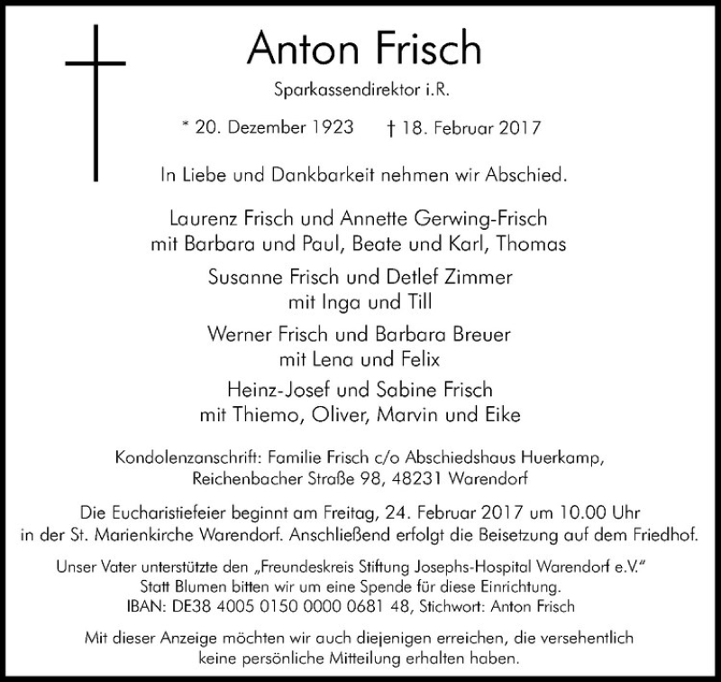  Traueranzeige für Anton Frisch vom 21.02.2017 aus Westfälische Nachrichten