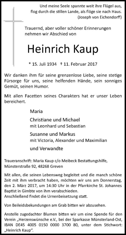  Traueranzeige für Heinrich Kaup vom 18.02.2017 aus Westfälische Nachrichten