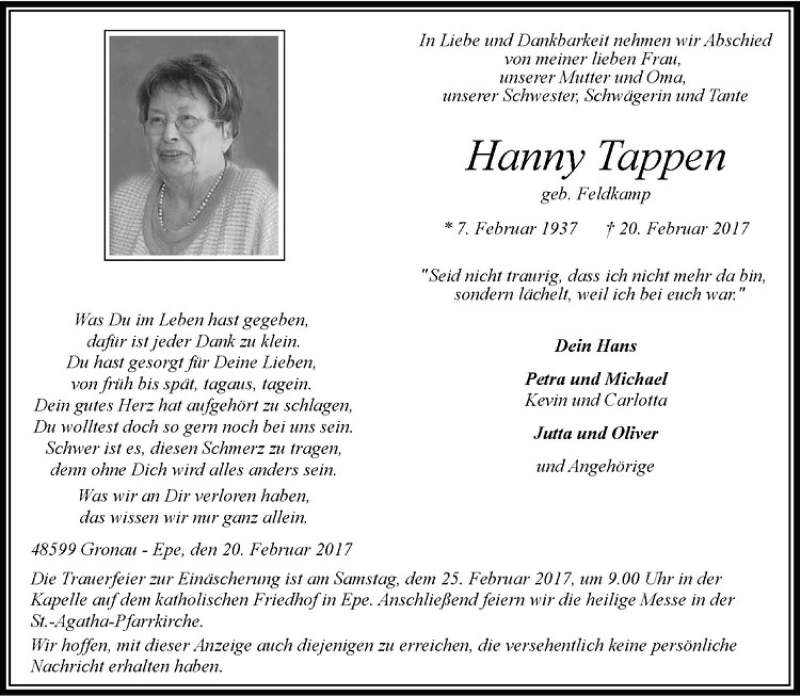  Traueranzeige für Hanny Tappen vom 22.02.2017 aus Westfälische Nachrichten
