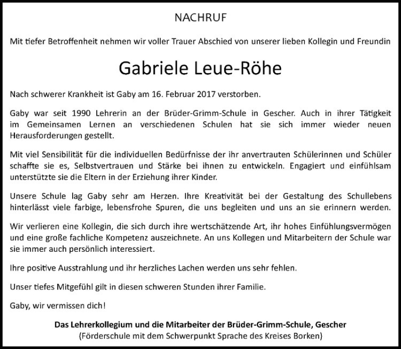  Traueranzeige für Gabriele Leue-Röhe vom 23.02.2017 aus Westfälische Nachrichten