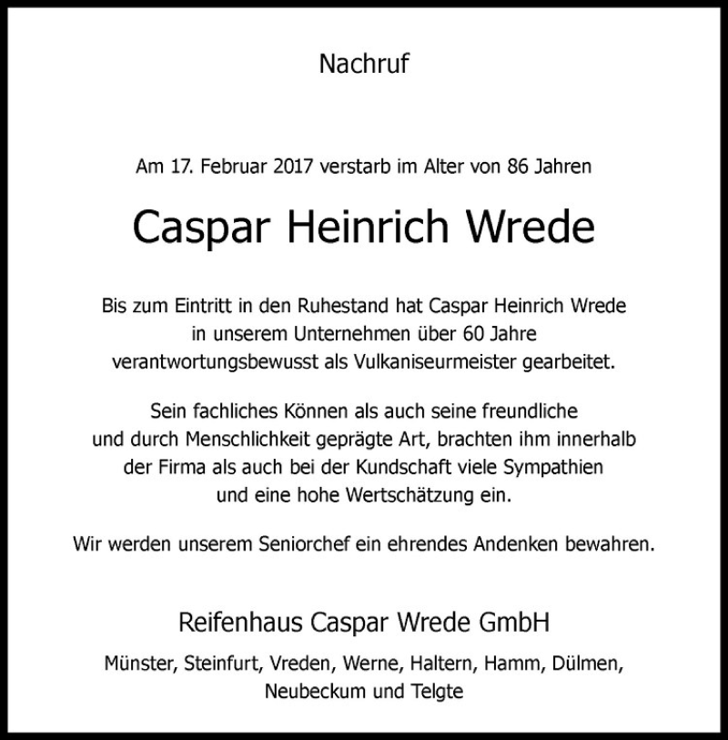  Traueranzeige für Caspar Heinrich Wrede vom 22.02.2017 aus Westfälische Nachrichten