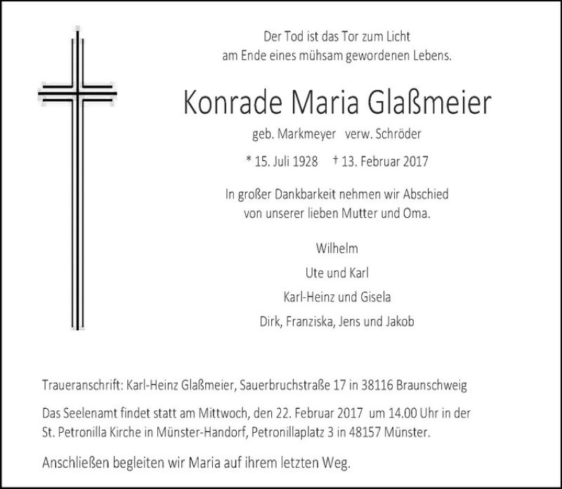 Traueranzeige für Konrade Maria Glaßmeier vom 18.02.2017 aus Westfälische Nachrichten