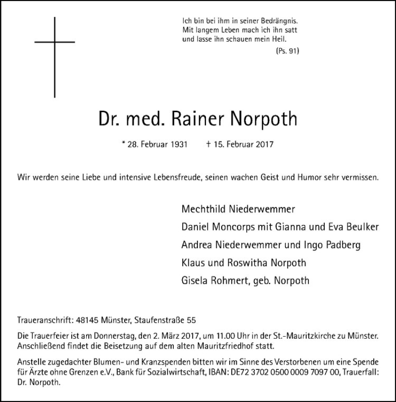  Traueranzeige für Rainer Norpoth vom 25.02.2017 aus Westfälische Nachrichten