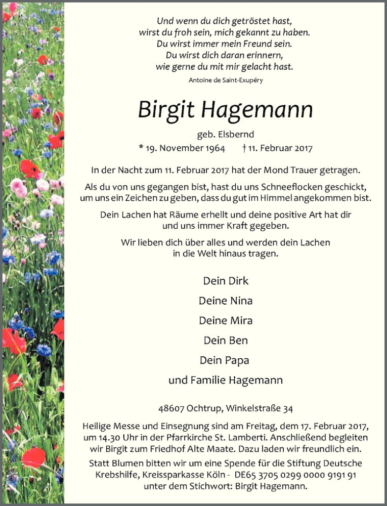  Traueranzeige für Birgit Hagemann vom 14.02.2017 aus Westfälische Nachrichten