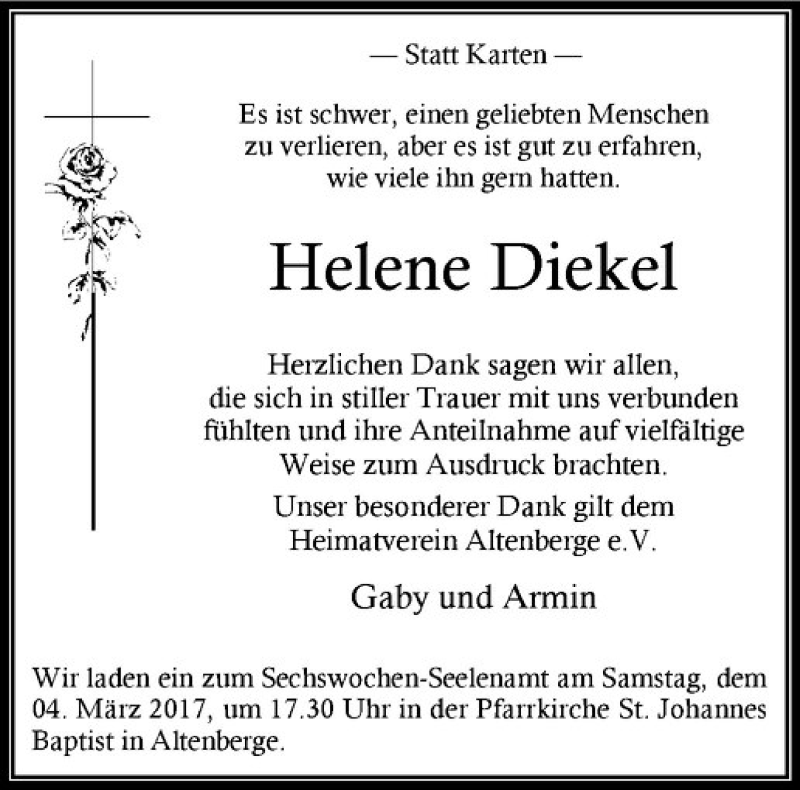  Traueranzeige für Helene Diekel vom 25.02.2017 aus Westfälische Nachrichten
