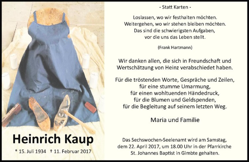  Traueranzeige für Heinrich Kaup vom 14.04.2017 aus Westfälische Nachrichten