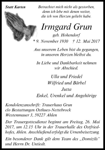Anzeige von Irmgard Grun von Westfälische Nachrichten