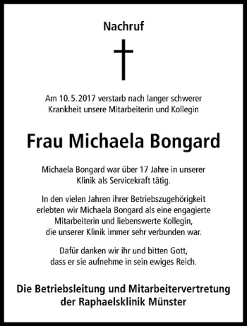 Anzeige von Michaela Bongard von Westfälische Nachrichten