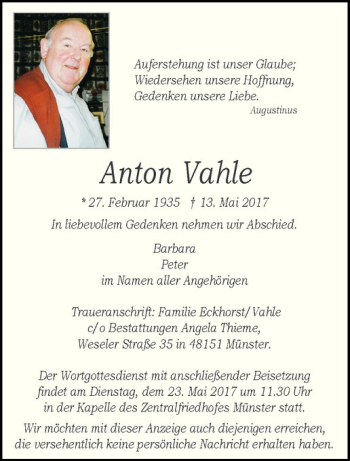 Anzeige von Anton Vahle von Westfälische Nachrichten