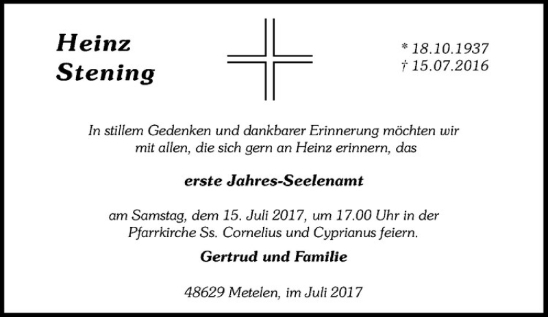  Traueranzeige für Heinz Stening vom 12.07.2017 aus Westfälische Nachrichten