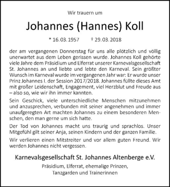 Anzeige von Johannes (Hannes) Koll von Westfälische Nachrichten