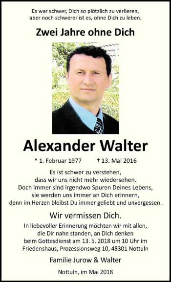 Anzeige von Alexander Walter von Westfälische Nachrichten