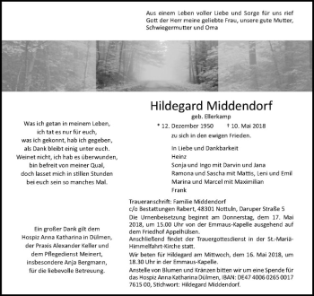 Anzeige von Hildegard Middendorf von Westfälische Nachrichten