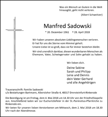 Anzeige von Manfred Sadowski von Westfälische Nachrichten