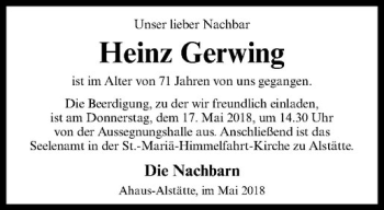 Anzeige von Heinz Gerwing von Westfälische Nachrichten