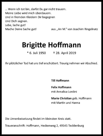 Anzeige von Brigitte Hoffmann von Westfälische Nachrichten