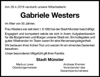 Anzeige von Gabriele Westers von Westfälische Nachrichten
