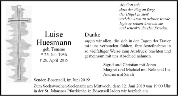 Anzeige von Luise Huesmann von Westfälische Nachrichten