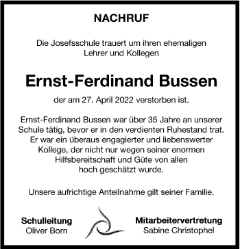 Anzeige von Ernst-Ferdinand Bussen 