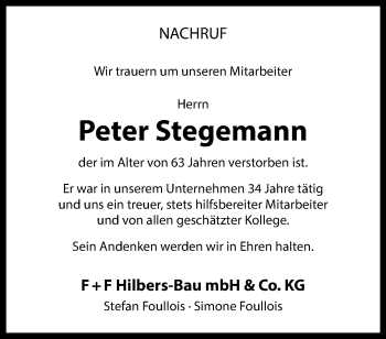 Anzeige von Peter Stegemann 