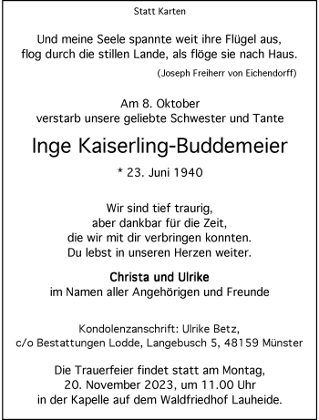 Anzeige von Inge Kaiserling-Buddemeier 