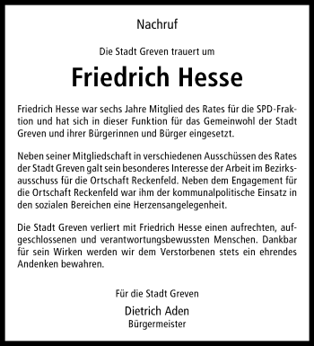 Anzeige von Friedrich Hesse 