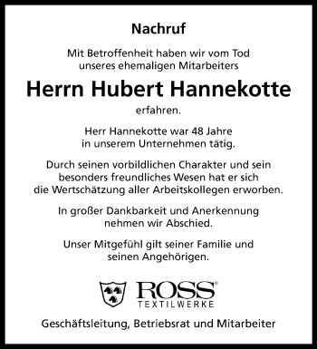 Anzeige von Hubert Hannekotte 
