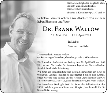 Anzeige von Dr. Frank Wallow 