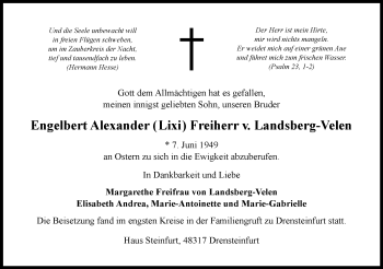 Anzeige von Engelbert Alexander Freiherr v. Landsberg-Velen 