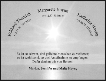 Anzeige von  Margarete Hoyng, Karlheinz Hoyng, Eckhard Theurich 