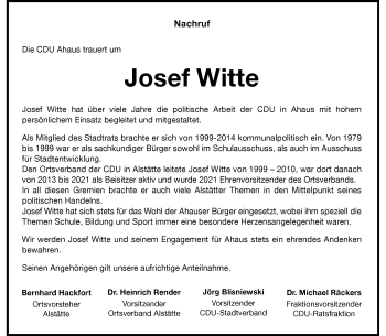 Anzeige von Josef Witte 