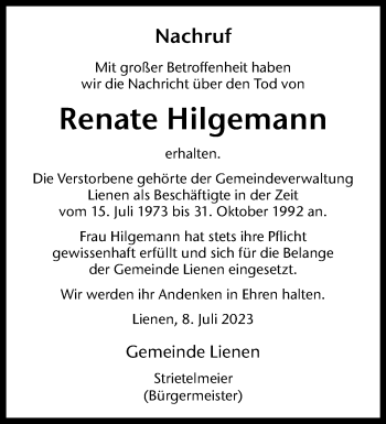 Anzeige von Renate Hilgemann 