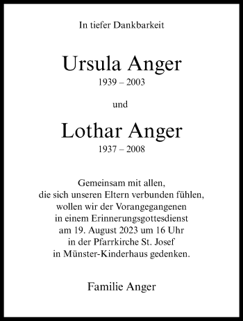 Anzeige von Ursula und Lothar Anger 
