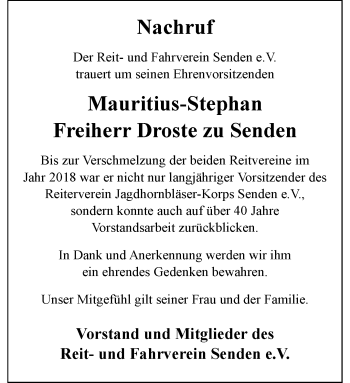 Anzeige von Mauritius-Stephan Freiherr Droste Zu Freiherr Droste Zu Senden 